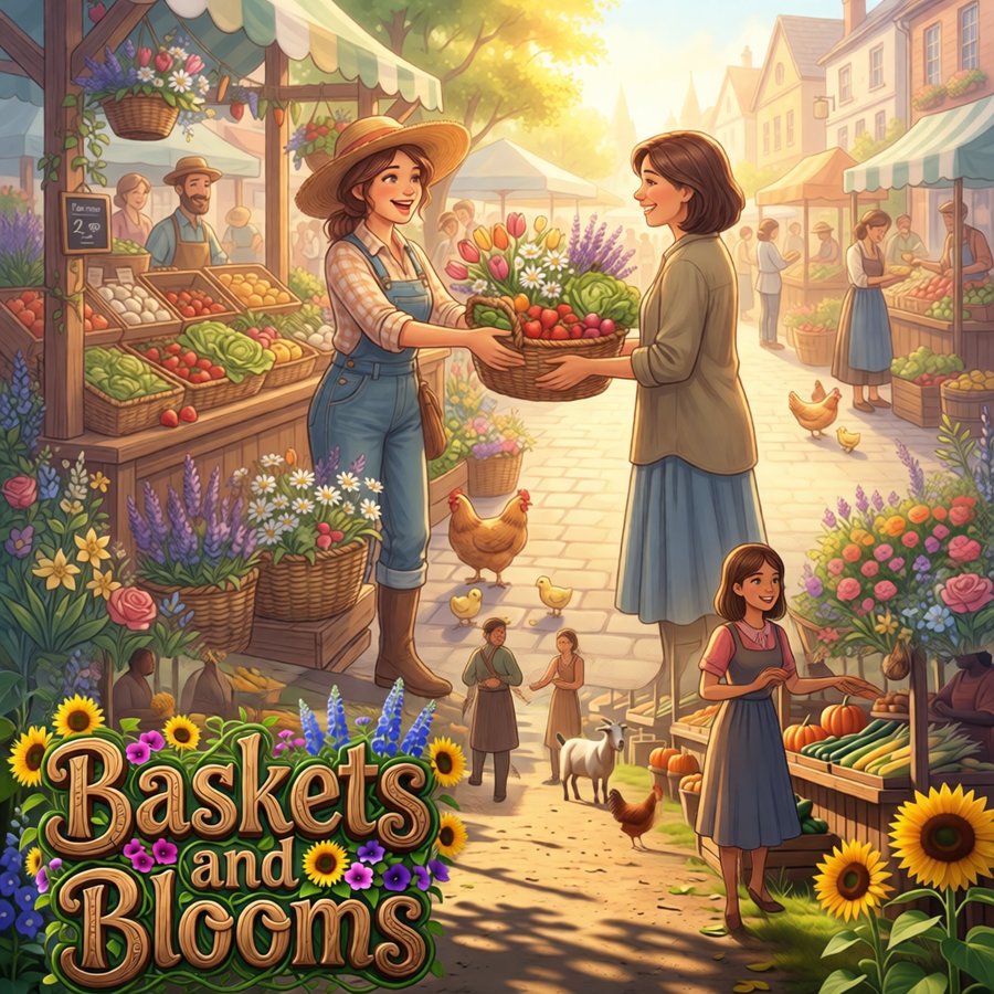 Farmer handing a basket of fresh produce to a customer at the market