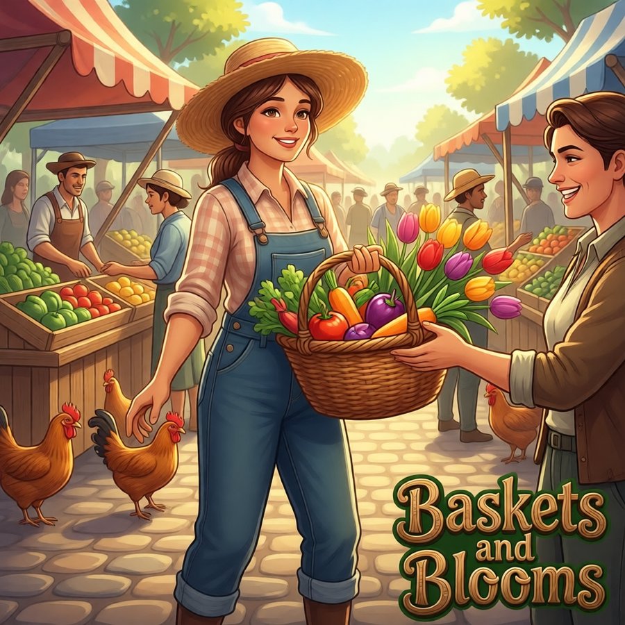 Farmer carrying a basket of vegetables and tulips through the market